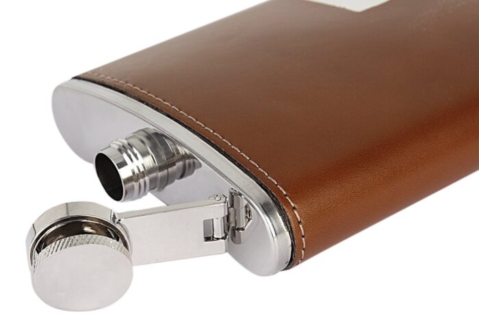 Stainless Steel Faux Leather Brown Hip Flask Set