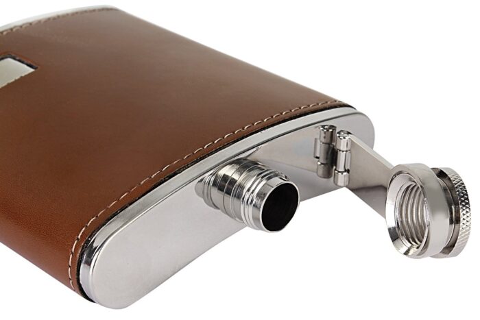 Stainless Steel Faux Leather Brown Hip Flask Set