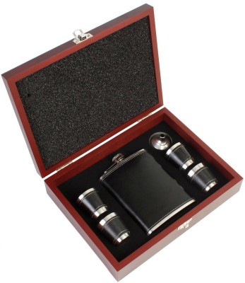 Stainless Steel Faux Leather Hip Flask Set in Wooden Gift Case.